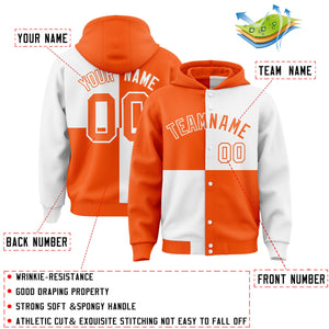 Custom Orange White Varsity Full-Snap Four Squares Color Block Letterman Hoodie Jacket