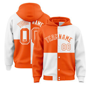 Custom Orange White Varsity Full-Snap Four Squares Color Block Letterman Hoodie Jacket