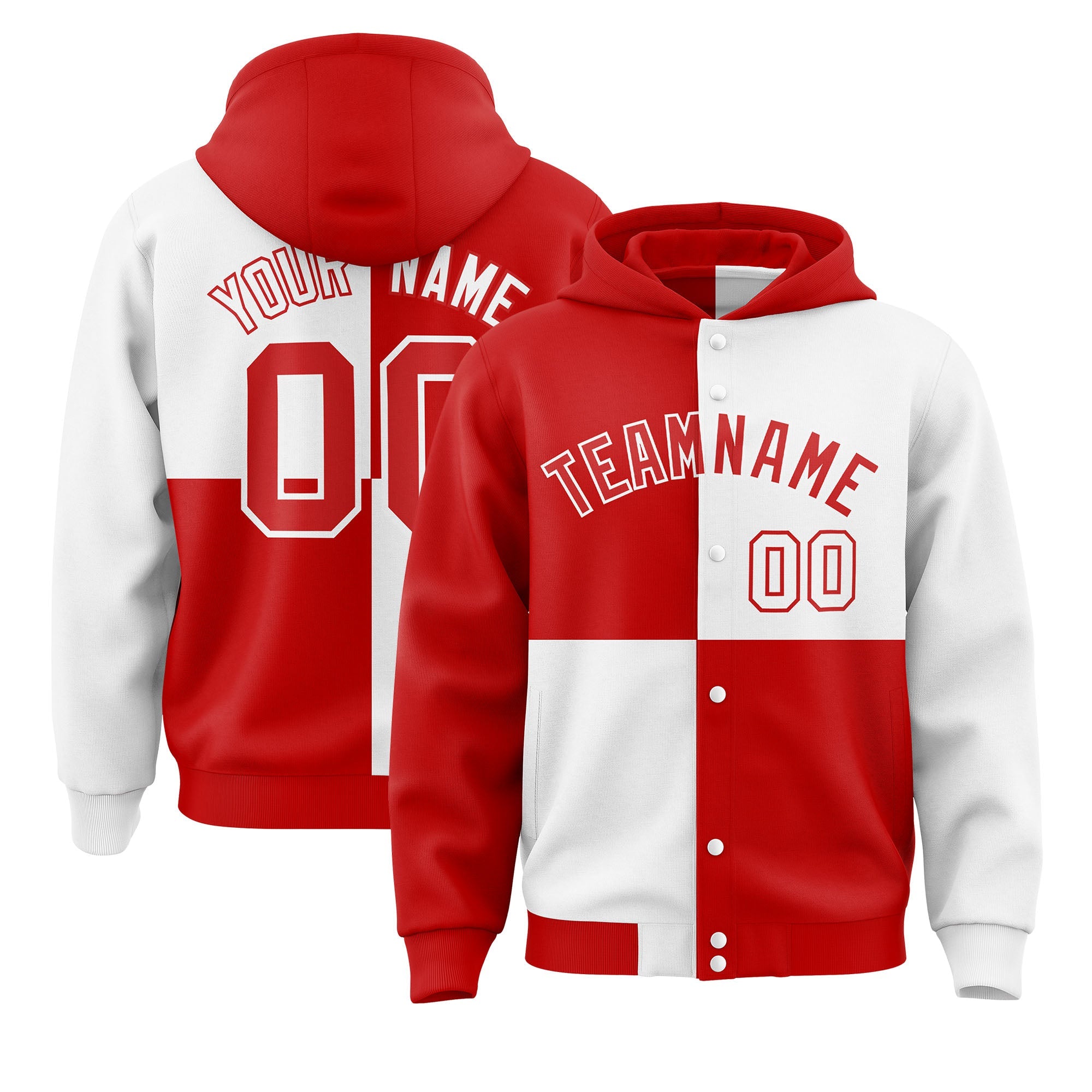 Custom Red White Varsity Full-Snap Four Squares Color Block Letterman Hoodie Jacket