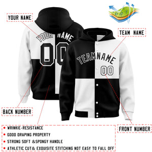 Custom Black White Varsity Full-Snap Four Squares Color Block Letterman Hoodie Jacket