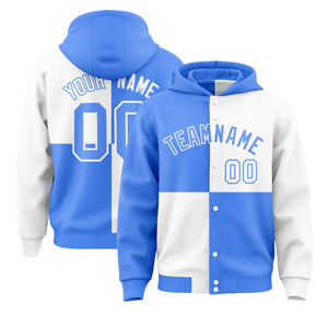 Custom Powder Blue White Varsity Full-Snap Four Squares Color Block Letterman Hoodie Jacket