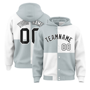 Custom Silver White Varsity Full-Snap Four Squares Color Block Letterman Hoodie Jacket