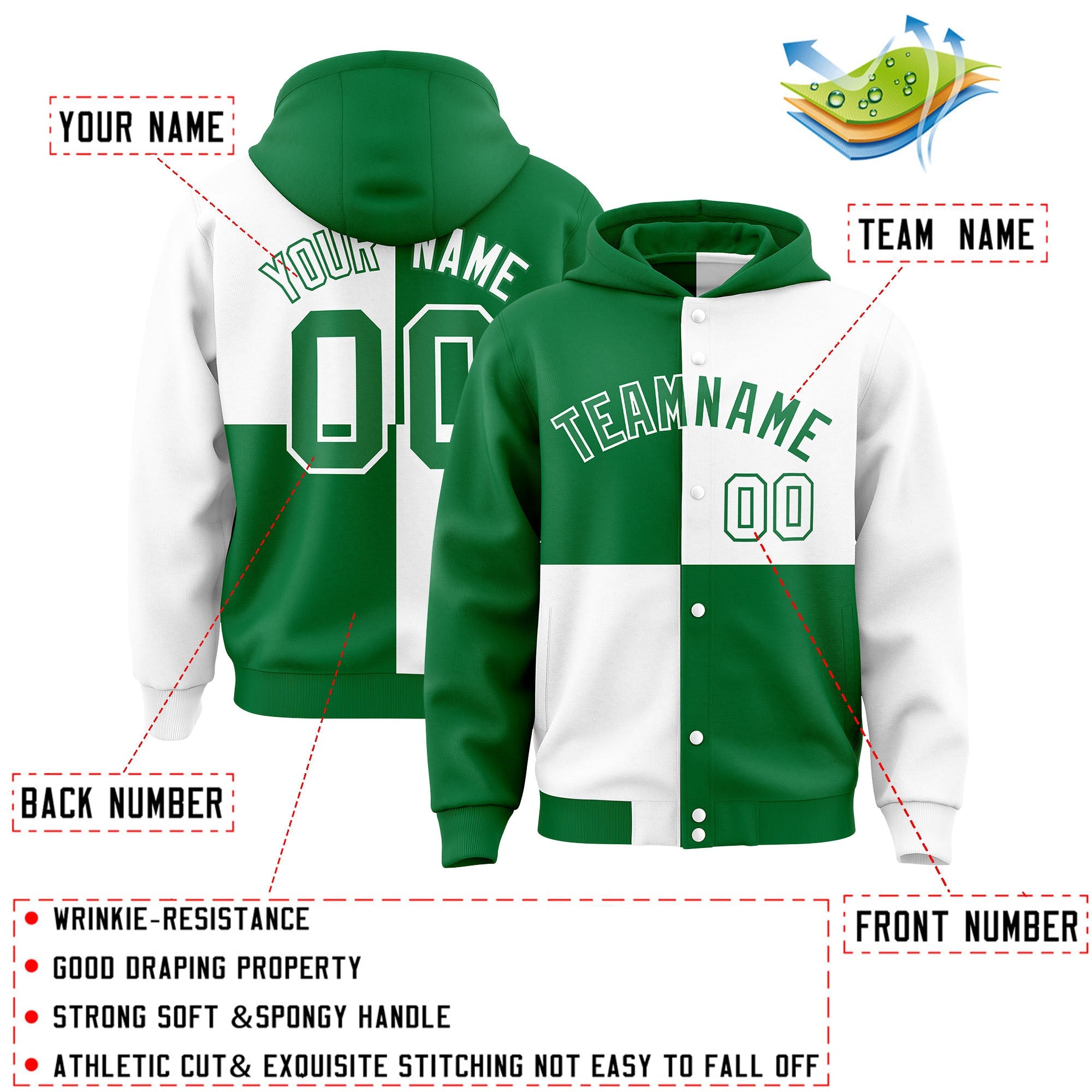 Custom Kelly Green White Varsity Full-Snap Four Squares Color Block Letterman Hoodie Jacket