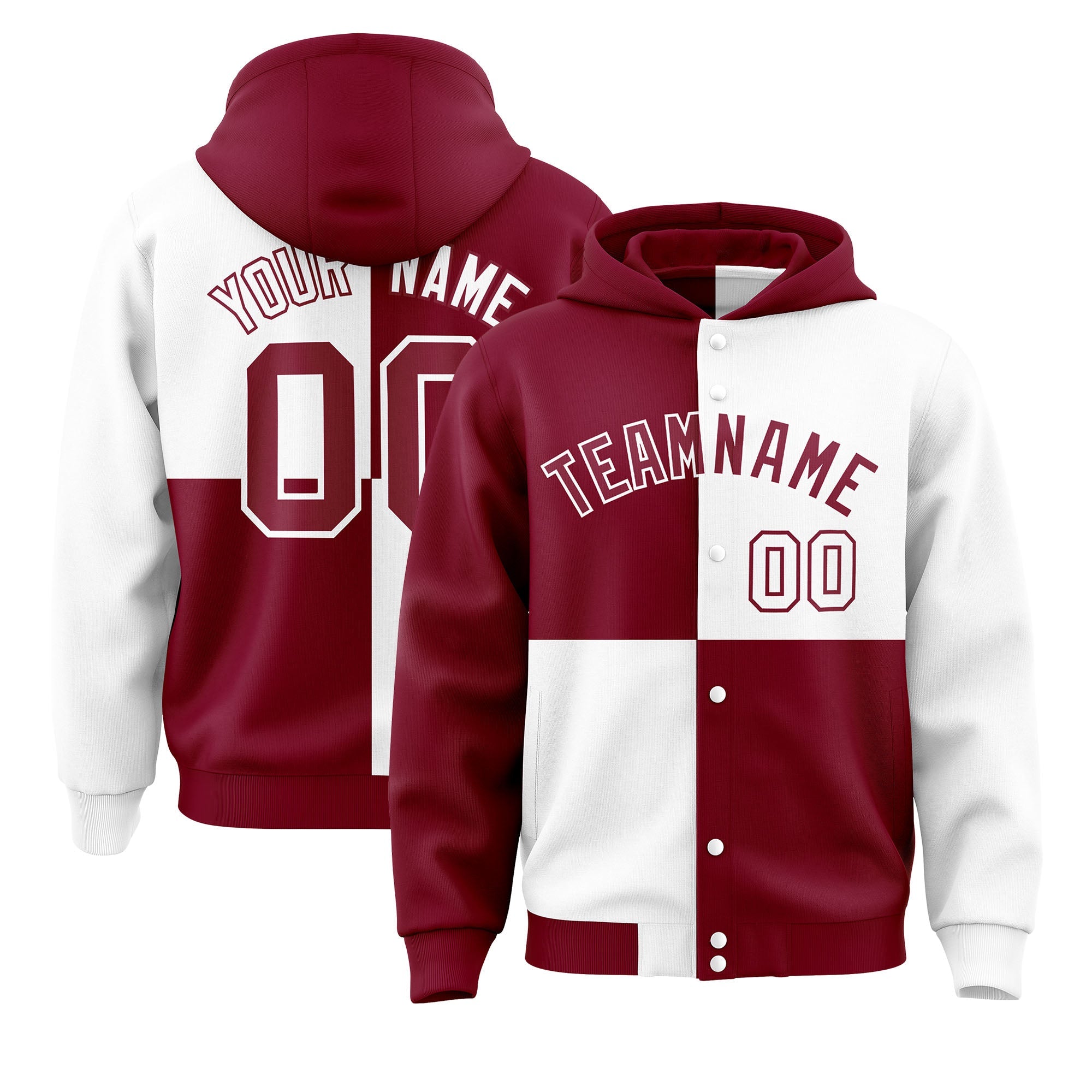 Custom Crimson White Varsity Full-Snap Four Squares Color Block Letterman Hoodie Jacket