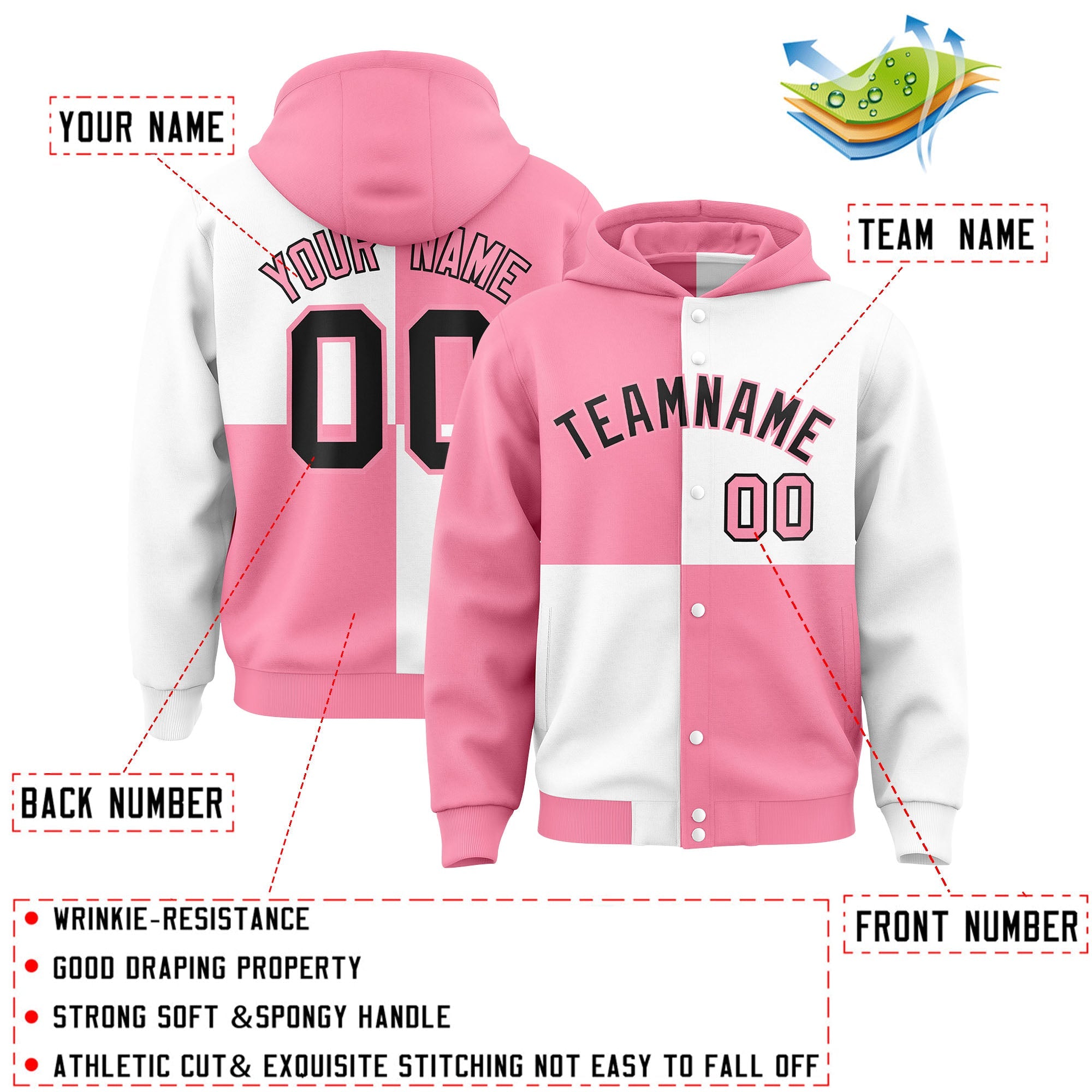 Custom Light Pink White Varsity Full-Snap Four Squares Color Block Letterman Hoodie Jacket