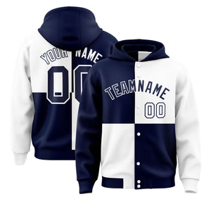 Custom Navy White Varsity Full-Snap Four Squares Color Block Letterman Hoodie Jacket