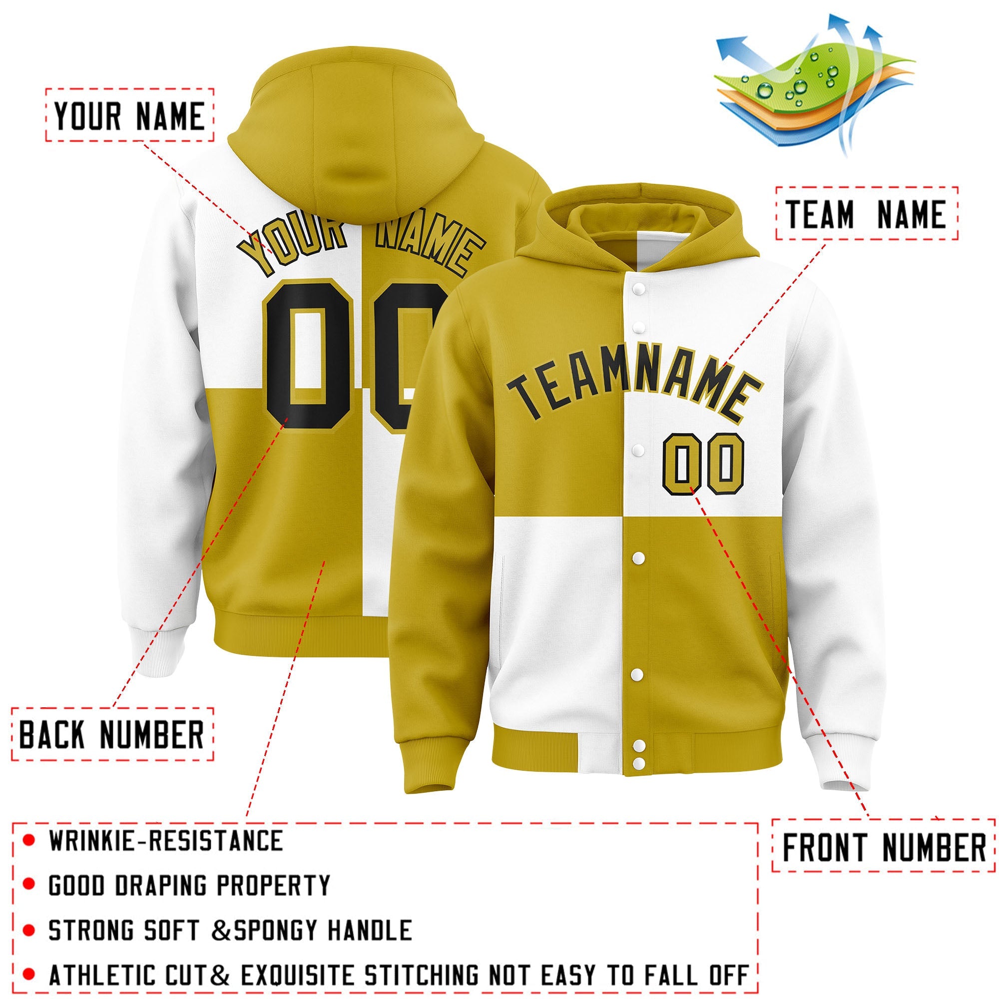 Custom Old Gold White Varsity Full-Snap Four Squares Color Block Letterman Hoodie Jacket