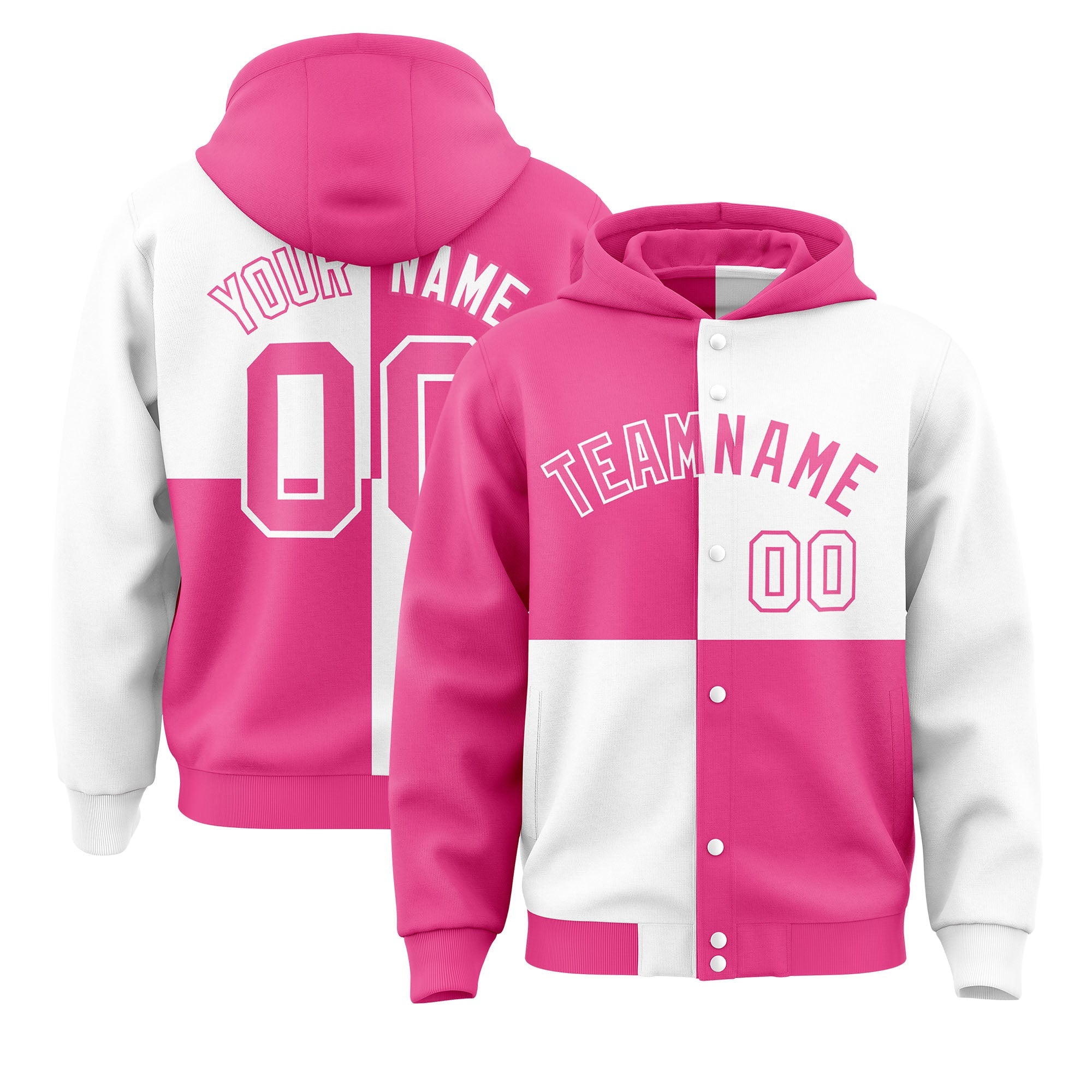 Custom Pink White Varsity Full-Snap Four Squares Color Block Letterman Hoodie Jacket