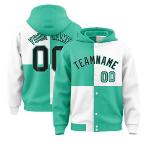 Custom Bright Green White Varsity Full-Snap Four Squares Color Block Letterman Hoodie Jacket