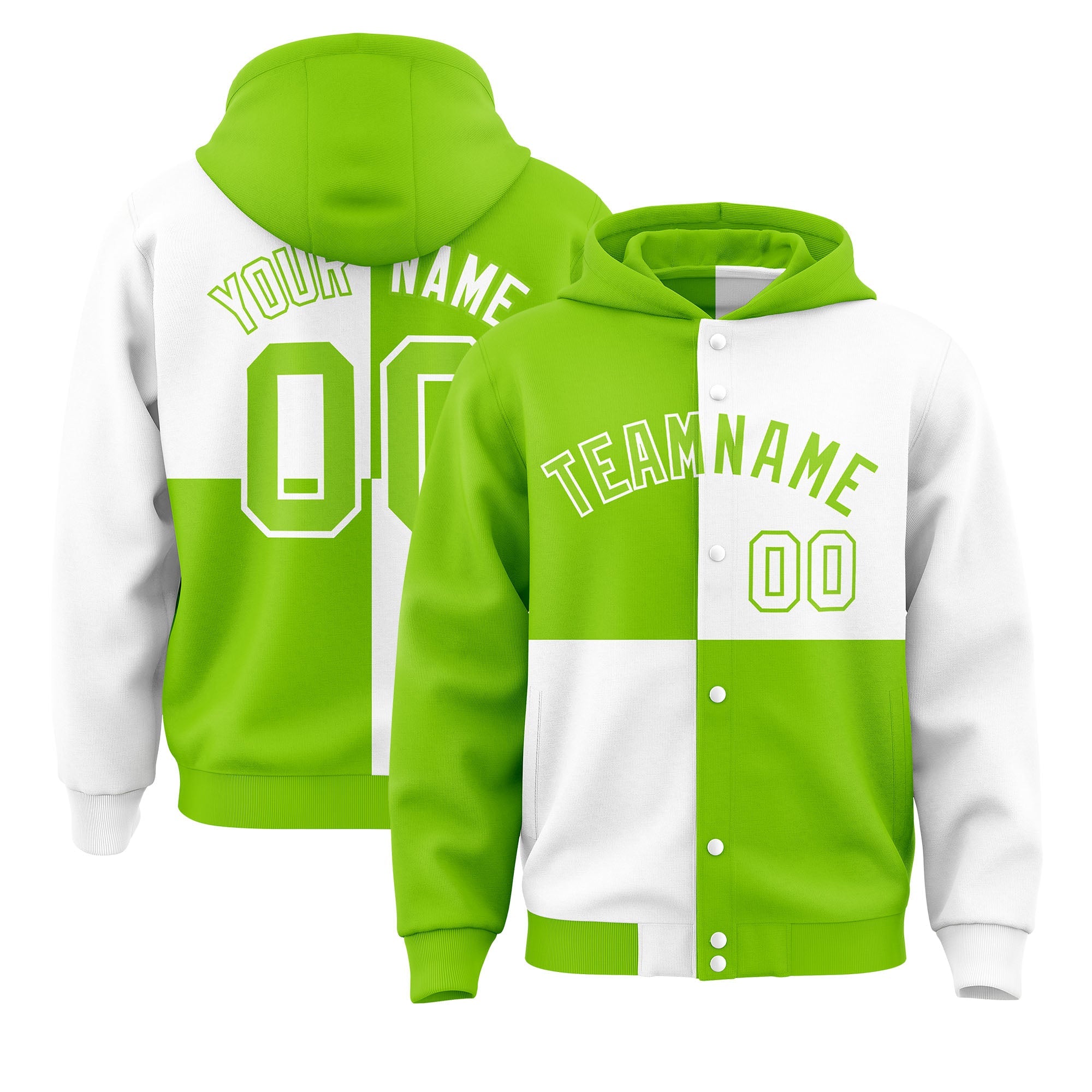 Custom Neon Green White Varsity Full-Snap Four Squares Color Block Letterman Hoodie Jacket