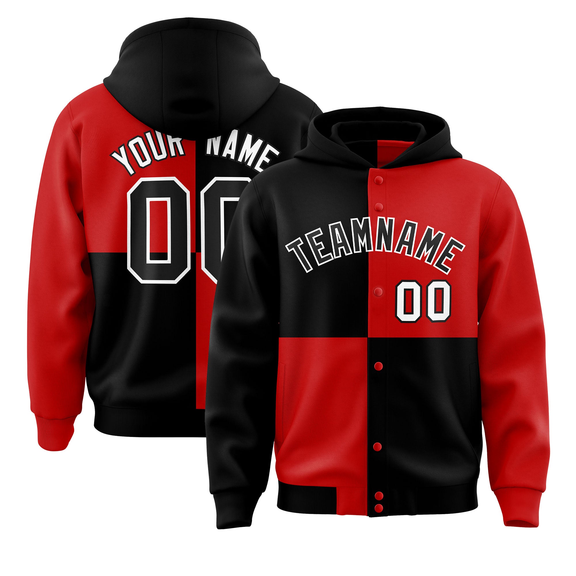 Custom Black Red Varsity Full-Snap Four Squares Color Block Letterman Hoodie Jacket