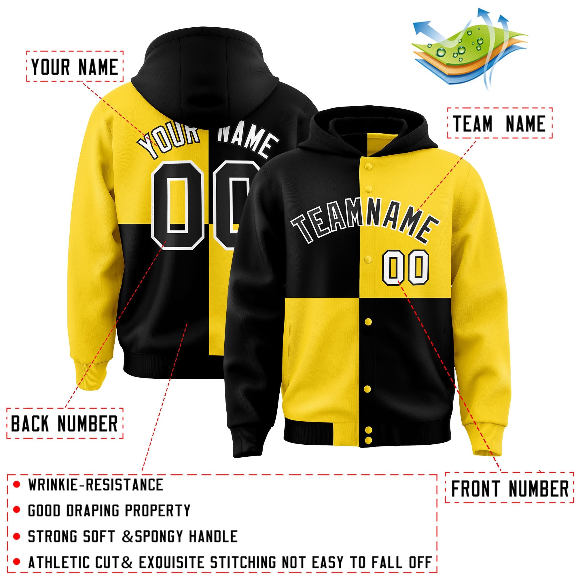 Custom Black Gold Varsity Full-Snap Four Squares Color Block Letterman Hoodie Jacket