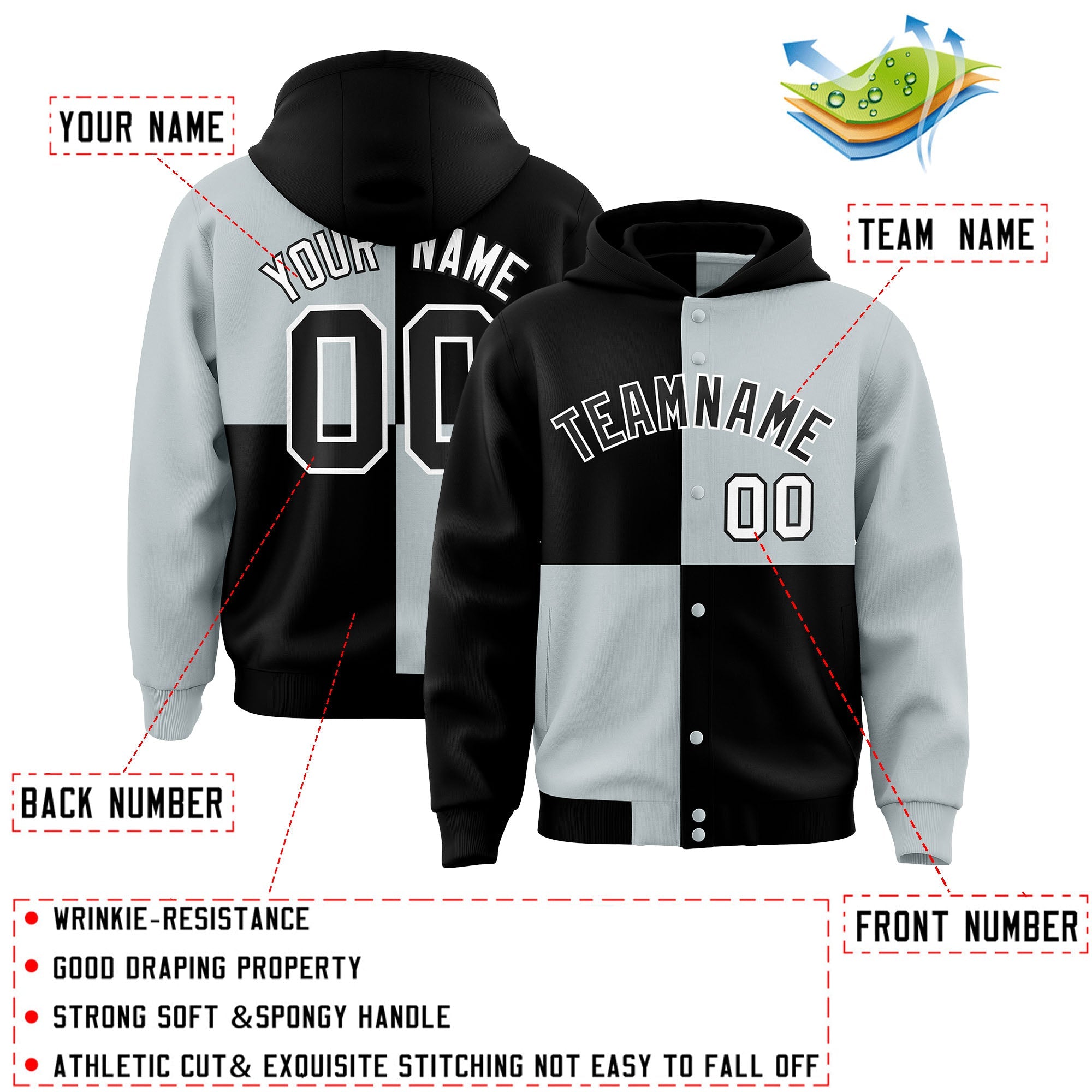 Custom Black Silver Varsity Full-Snap Four Squares Color Block Letterman Hoodie Jacket