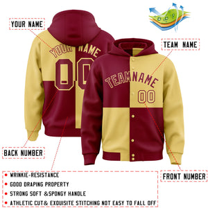 Custom Crimson Khaki Varsity Full-Snap Four Squares Color Block Letterman Hoodie Jacket