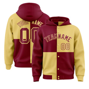 Custom Crimson Khaki Varsity Full-Snap Four Squares Color Block Letterman Hoodie Jacket