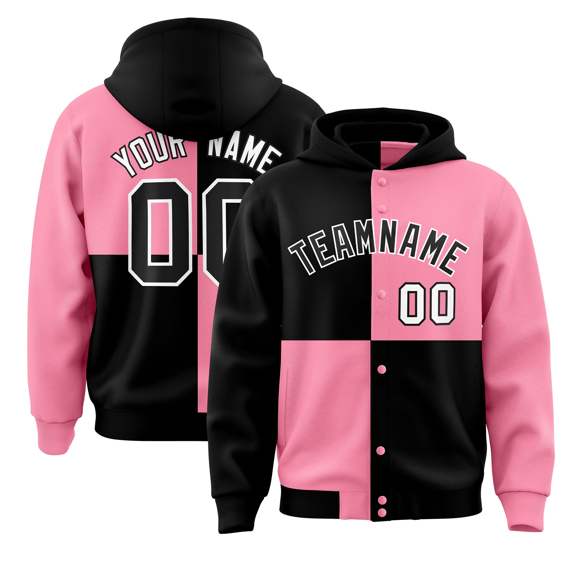 Custom Black Light Pink Varsity Full-Snap Four Squares Color Block Letterman Hoodie Jacket