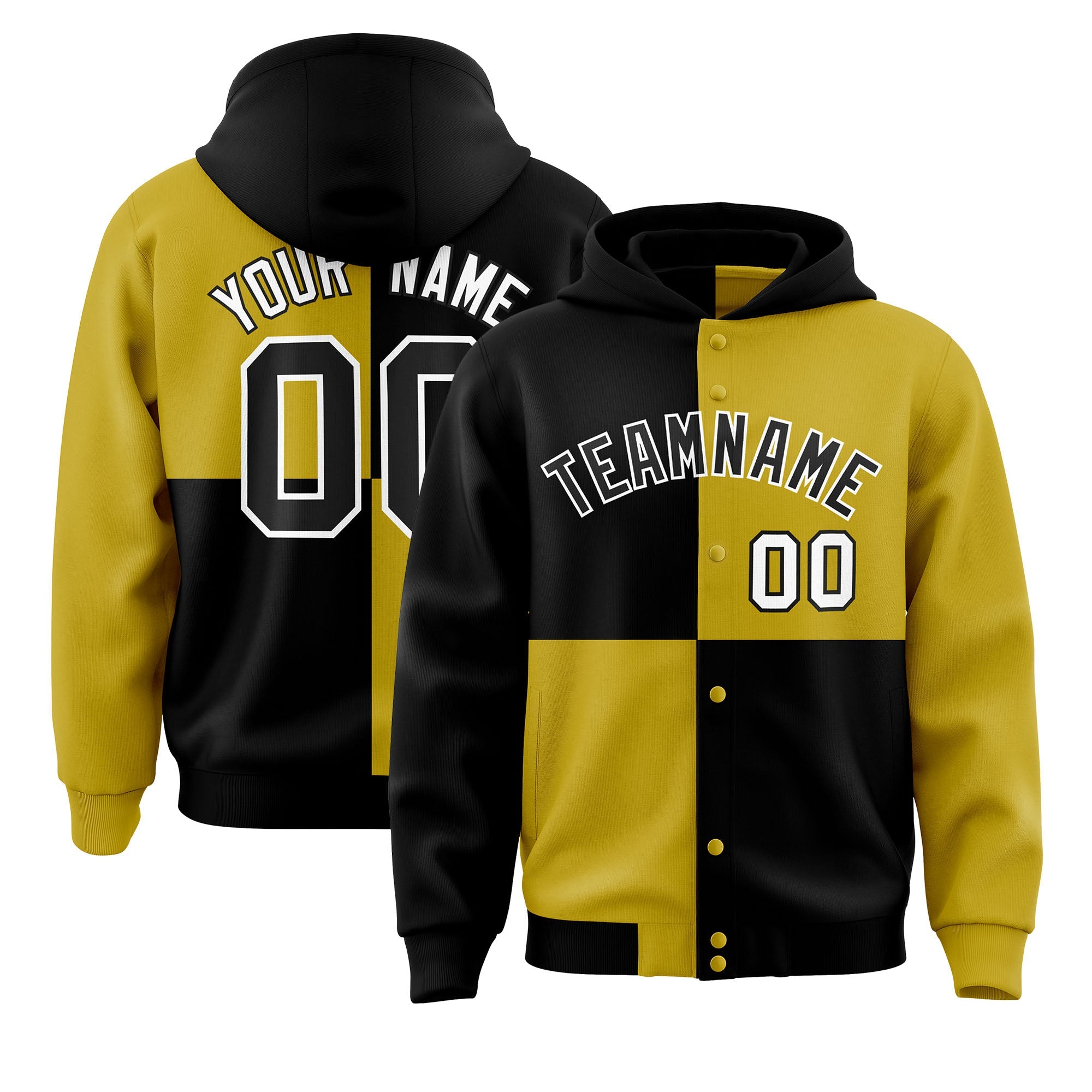 Custom Black Old Gold Varsity Full-Snap Four Squares Color Block Letterman Hoodie Jacket