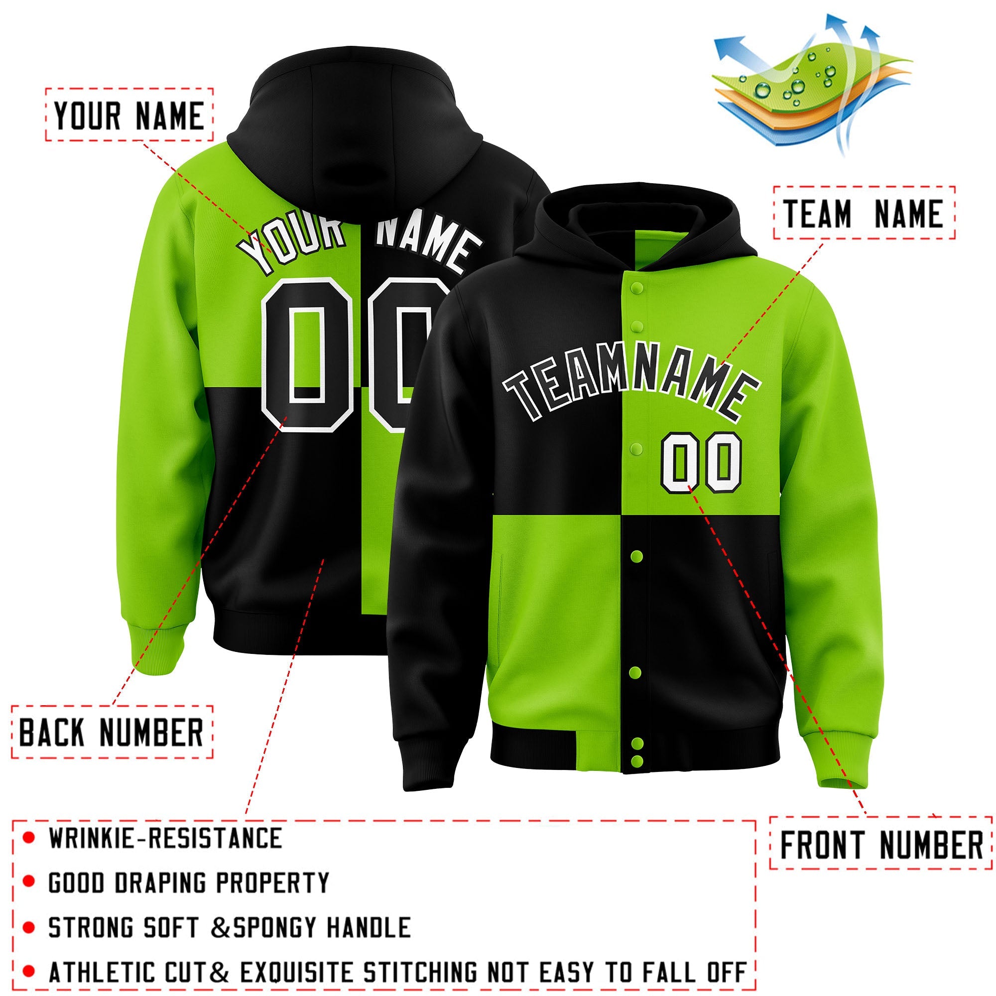 Custom Black Neon Green Varsity Full-Snap Four Squares Color Block Letterman Hoodie Jacket