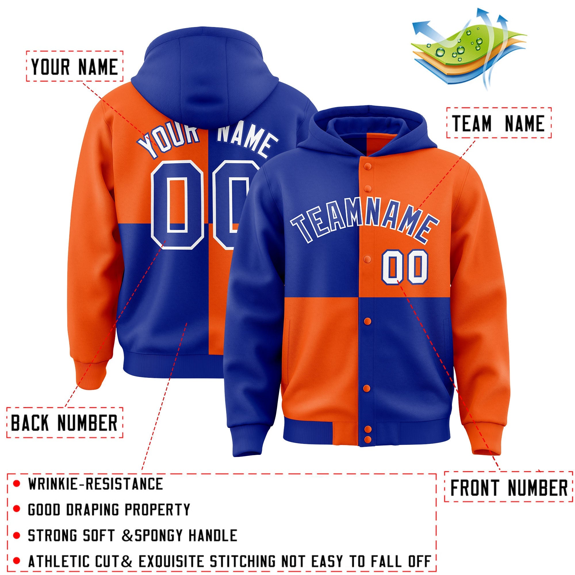 Custom Royal Orange Varsity Full-Snap Four Squares Color Block Letterman Hoodie Jacket