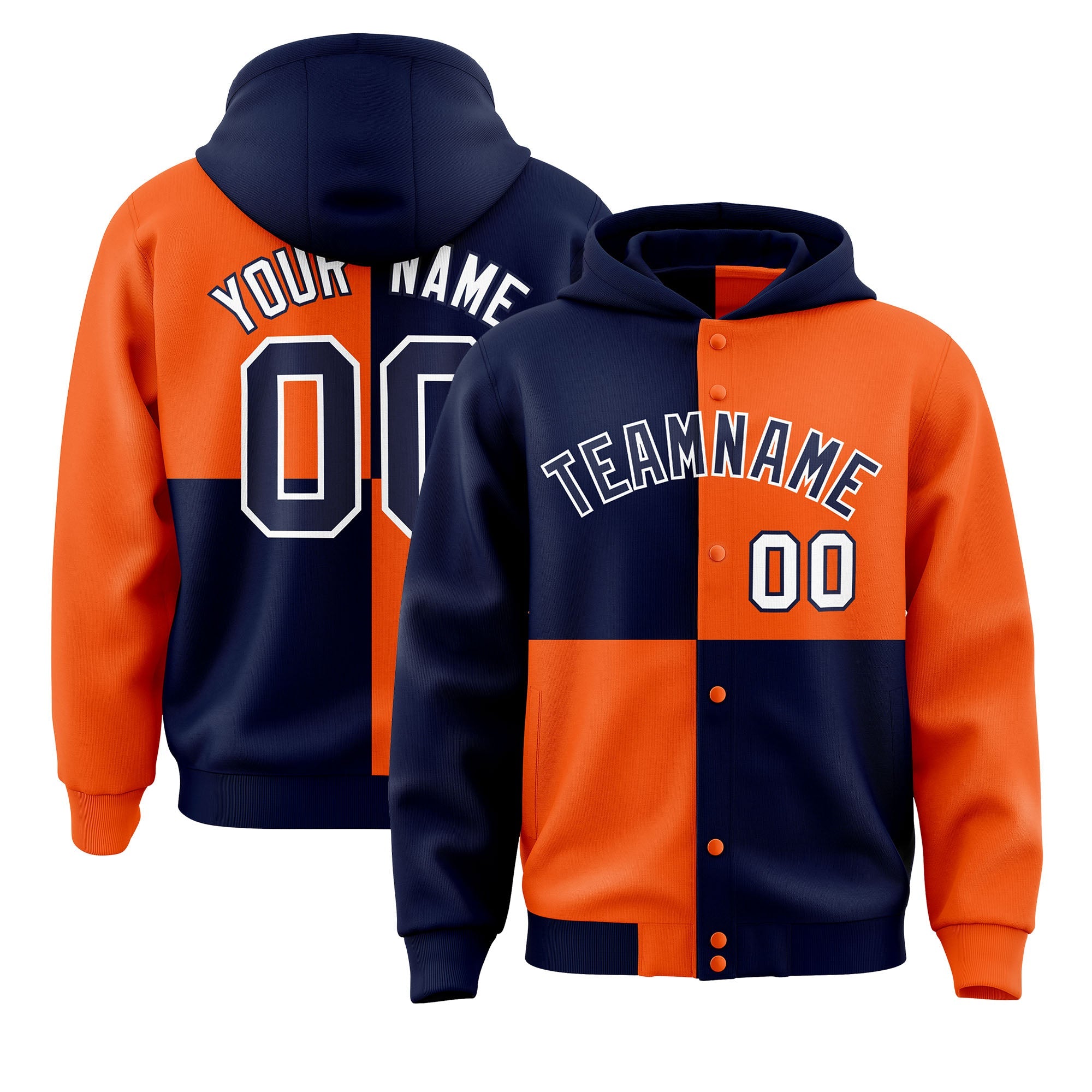 Custom Navy Orange Varsity Full-Snap Four Squares Color Block Letterman Hoodie Jacket