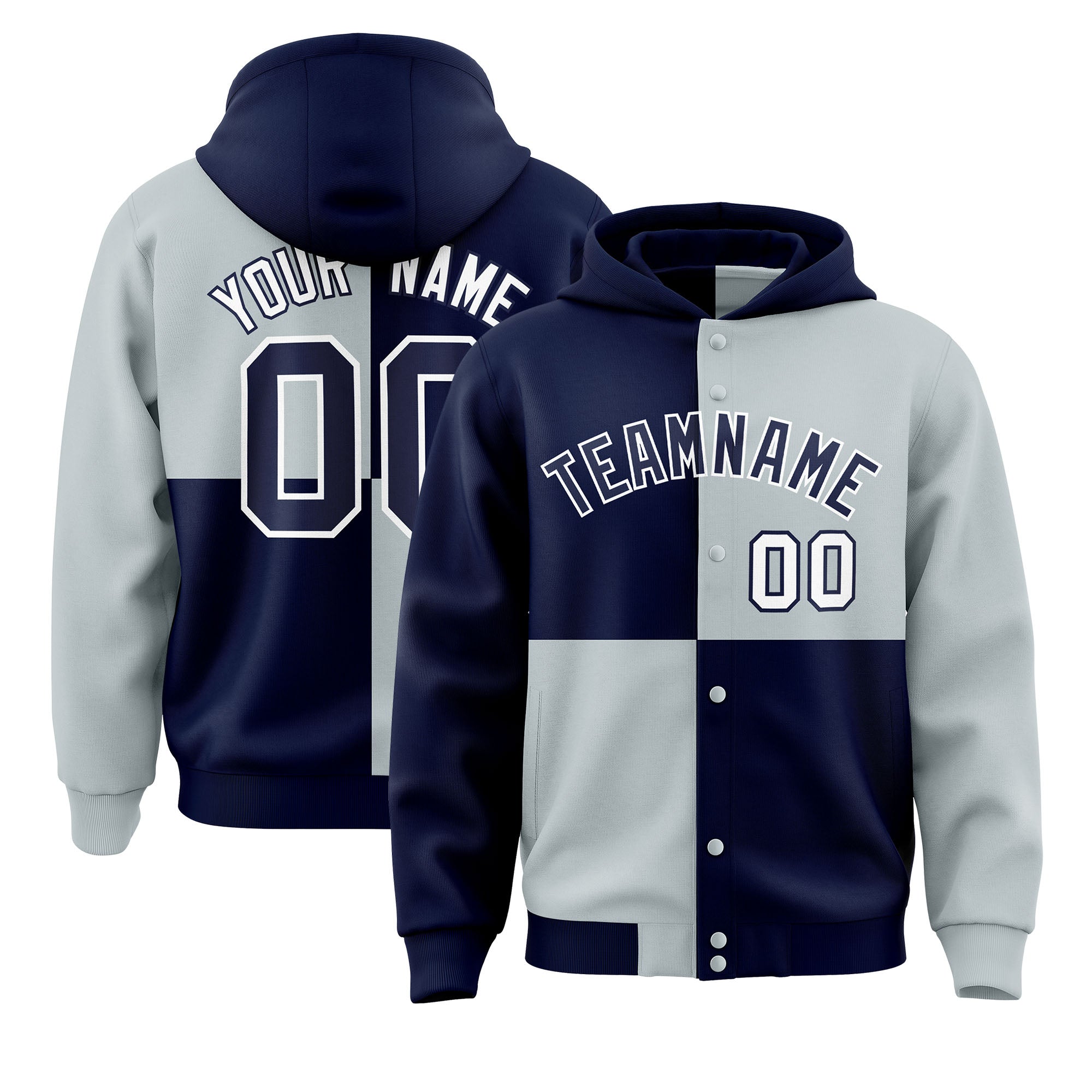 Custom Navy Silver Varsity Full-Snap Four Squares Color Block Letterman Hoodie Jacket