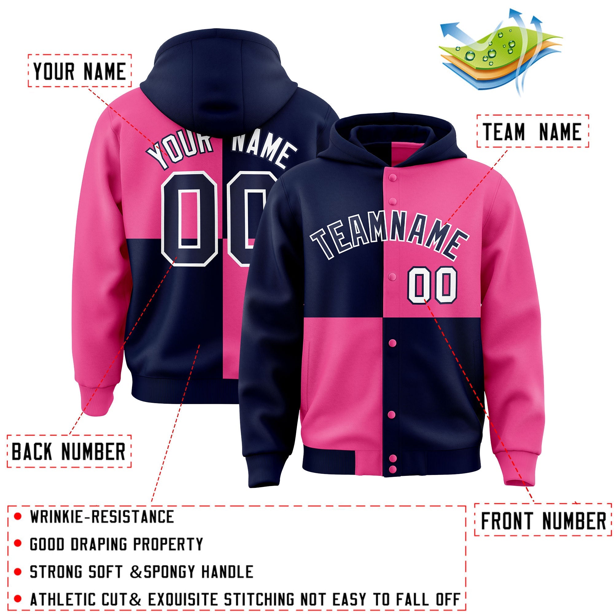 Custom Navy Pink Varsity Full-Snap Four Squares Color Block Letterman Hoodie Jacket