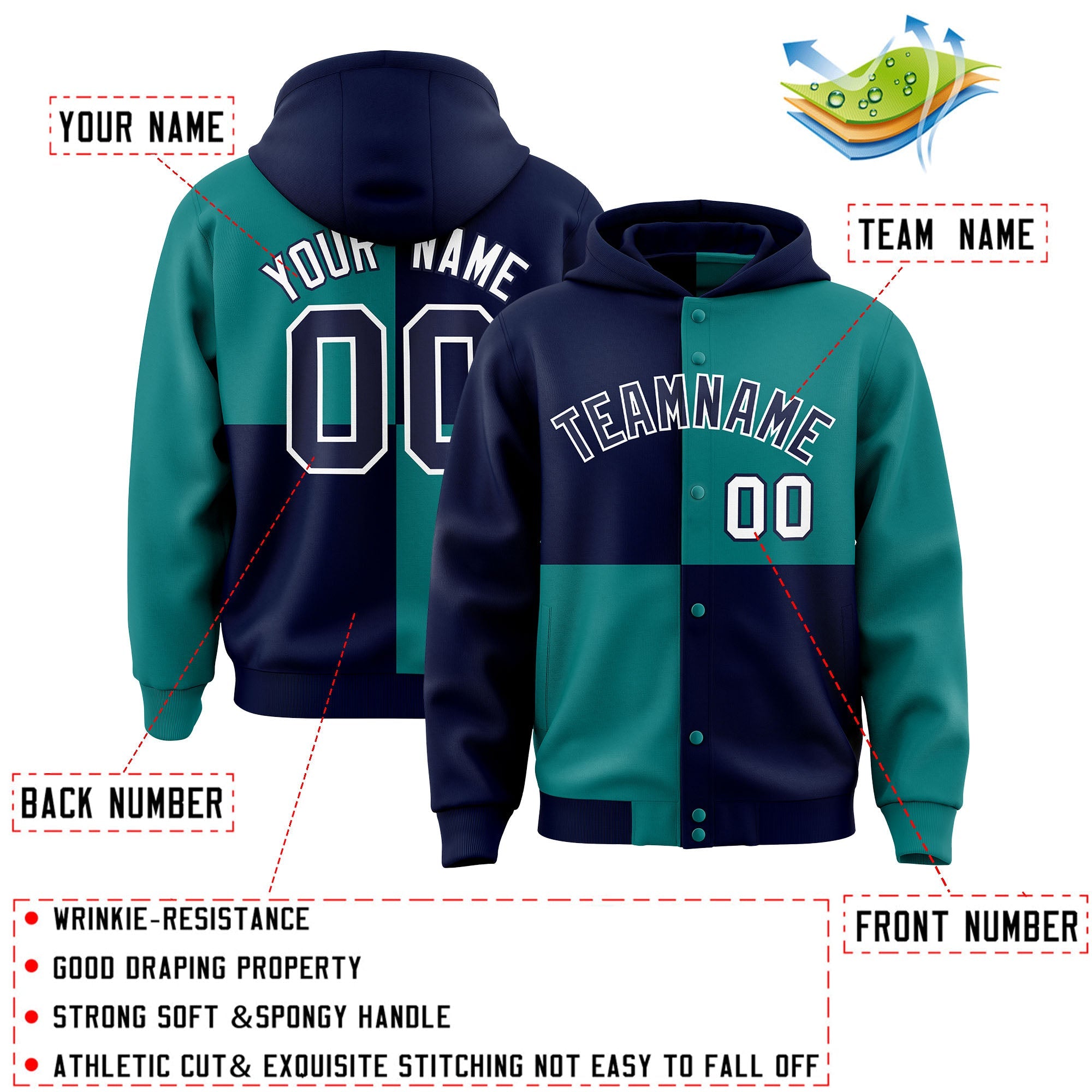 Custom Navy Aqua Varsity Full-Snap Four Squares Color Block Letterman Hoodie Jacket