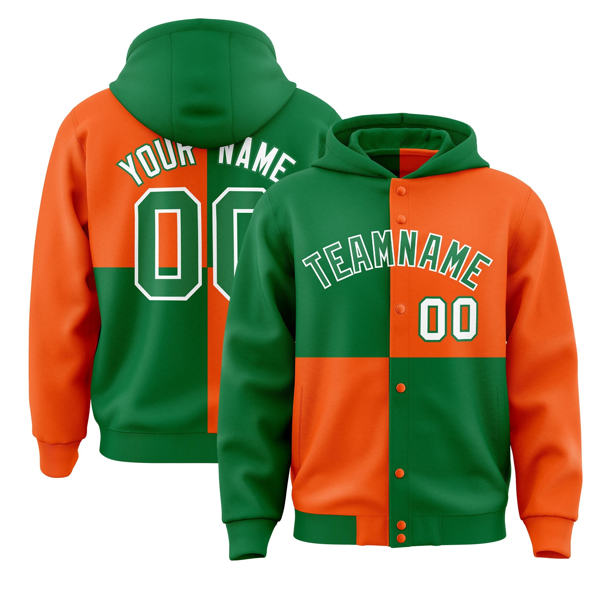 Custom Kelly Green Orange Varsity Full-Snap Four Squares Color Block Letterman Hoodie Jacket