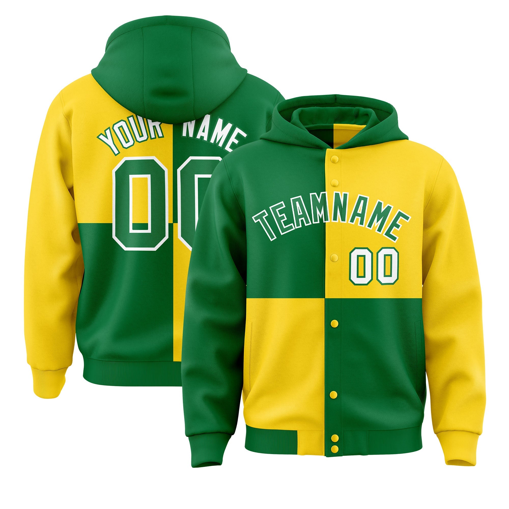 Custom Kelly Green Gold Varsity Full-Snap Four Squares Color Block Letterman Hoodie Jacket