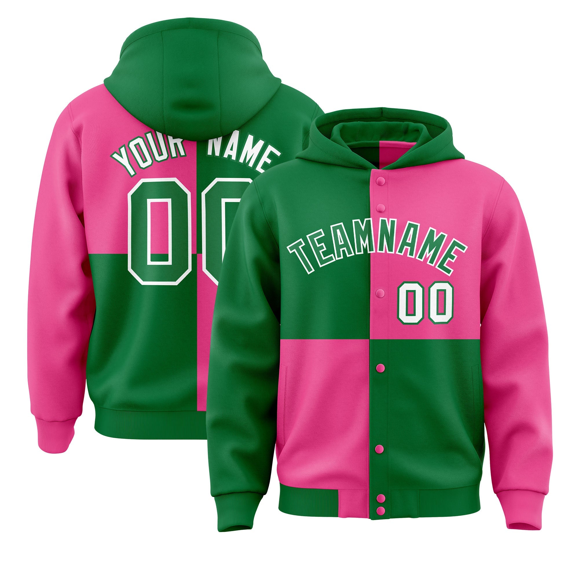 Custom Kelly Green Pink Varsity Full-Snap Four Squares Color Block Letterman Hoodie Jacket