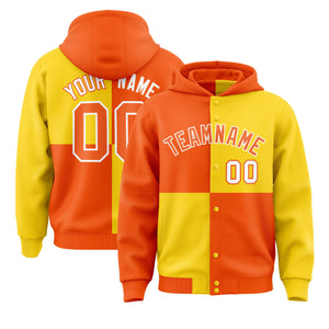 Custom Orange Gold Varsity Full-Snap Four Squares Color Block Letterman Hoodie Jacket