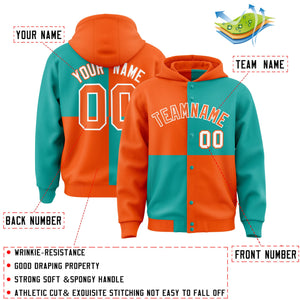 Custom Orange Aqua Varsity Full-Snap Four Squares Color Block Letterman Hoodie Jacket