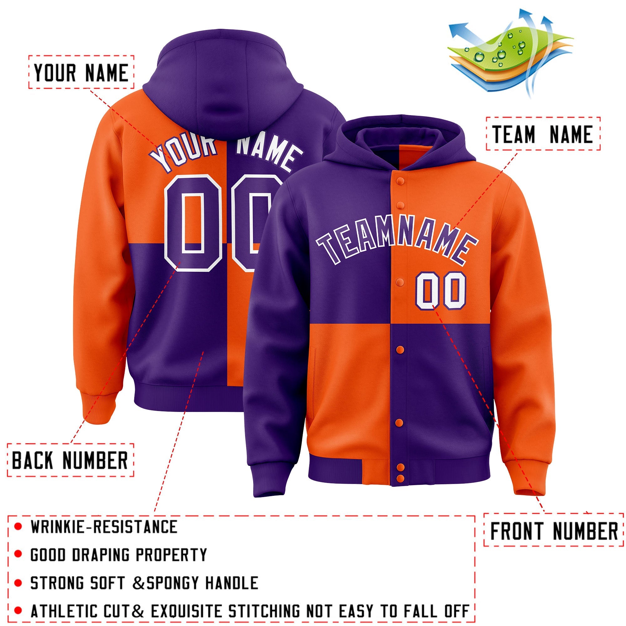 Custom Purple Orange Varsity Full-Snap Four Squares Color Block Letterman Hoodie Jacket