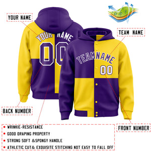 Custom Purple Gold Varsity Full-Snap Four Squares Color Block Letterman Hoodie Jacket