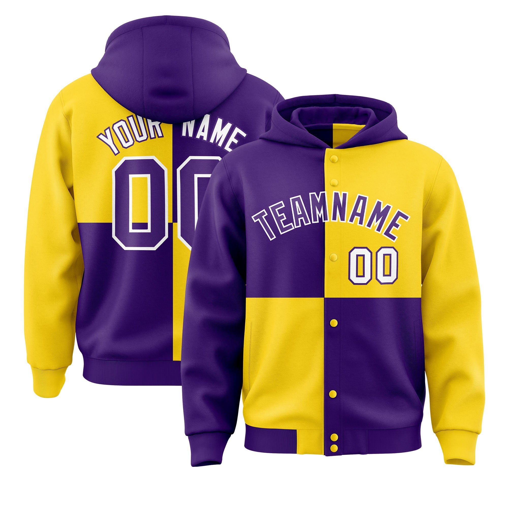 Custom Purple Gold Varsity Full-Snap Four Squares Color Block Letterman Hoodie Jacket