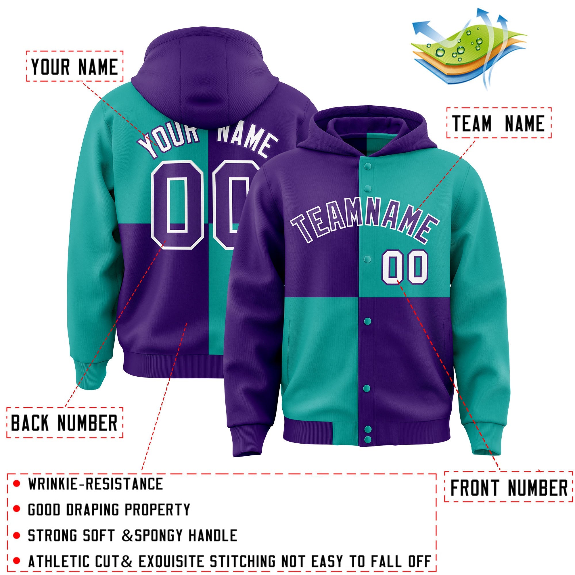 Custom Purple Aqua Varsity Full-Snap Four Squares Color Block Letterman Hoodie Jacket