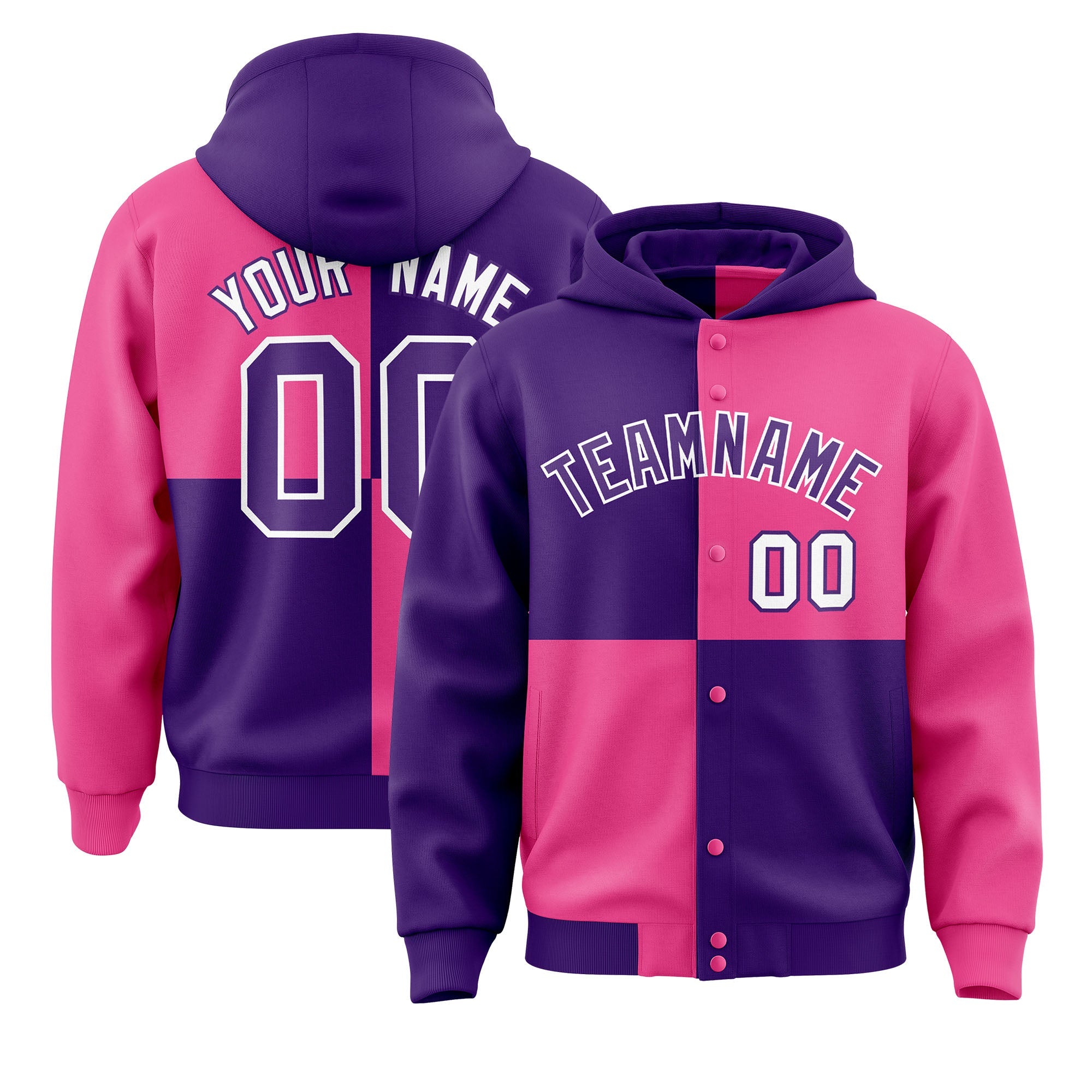 Custom Purple Pink Varsity Full-Snap Four Squares Color Block Letterman Hoodie Jacket