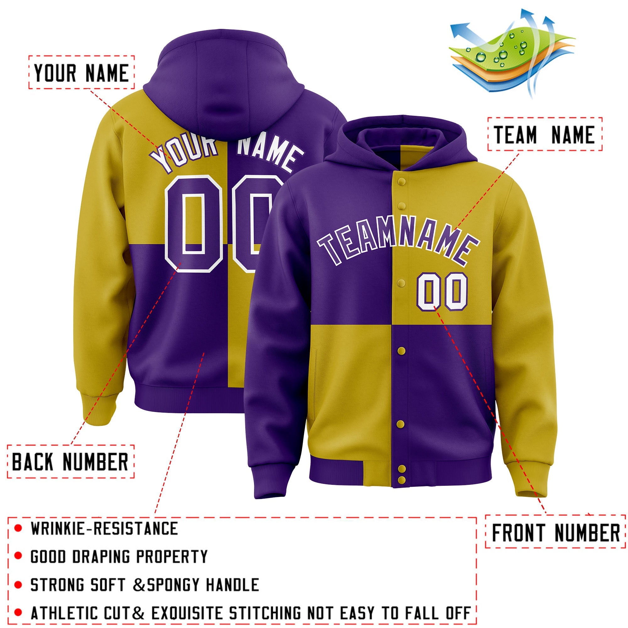 Custom Purple Old Gold Varsity Full-Snap Four Squares Color Block Letterman Hoodie Jacket