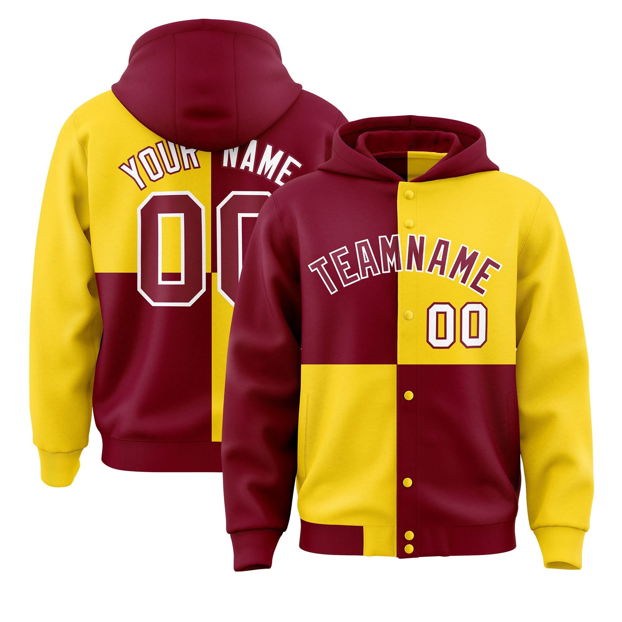 Custom Crimson Gold Varsity Full-Snap Four Squares Color Block Letterman Hoodie Jacket