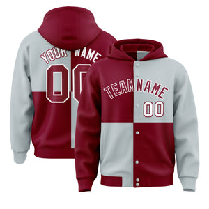 Custom Crimson Silver Varsity Full-Snap Four Squares Color Block Letterman Hoodie Jacket