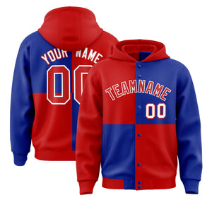 Custom Red Royal Varsity Full-Snap Four Squares Color Block Letterman Hoodie Jacket