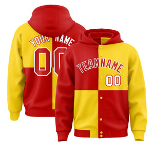 Custom Red Gold Varsity Full-Snap Four Squares Color Block Letterman Hoodie Jacket