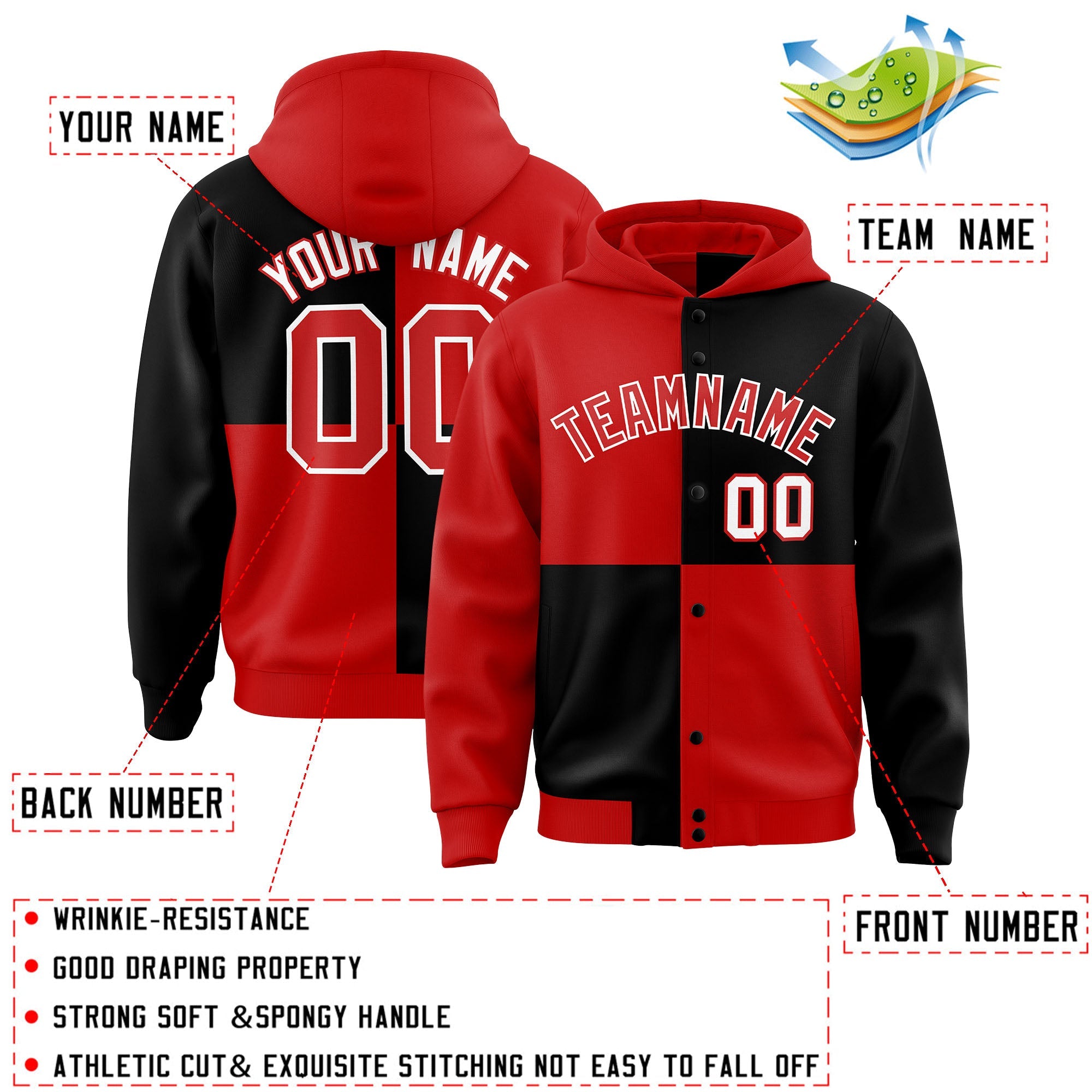 Custom Red Black Varsity Full-Snap Four Squares Color Block Letterman Hoodie Jacket