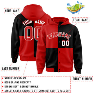 Custom Red Black Varsity Full-Snap Four Squares Color Block Letterman Hoodie Jacket