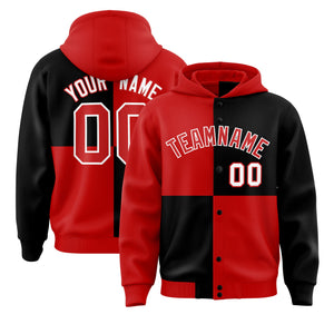 Custom Red Black Varsity Full-Snap Four Squares Color Block Letterman Hoodie Jacket