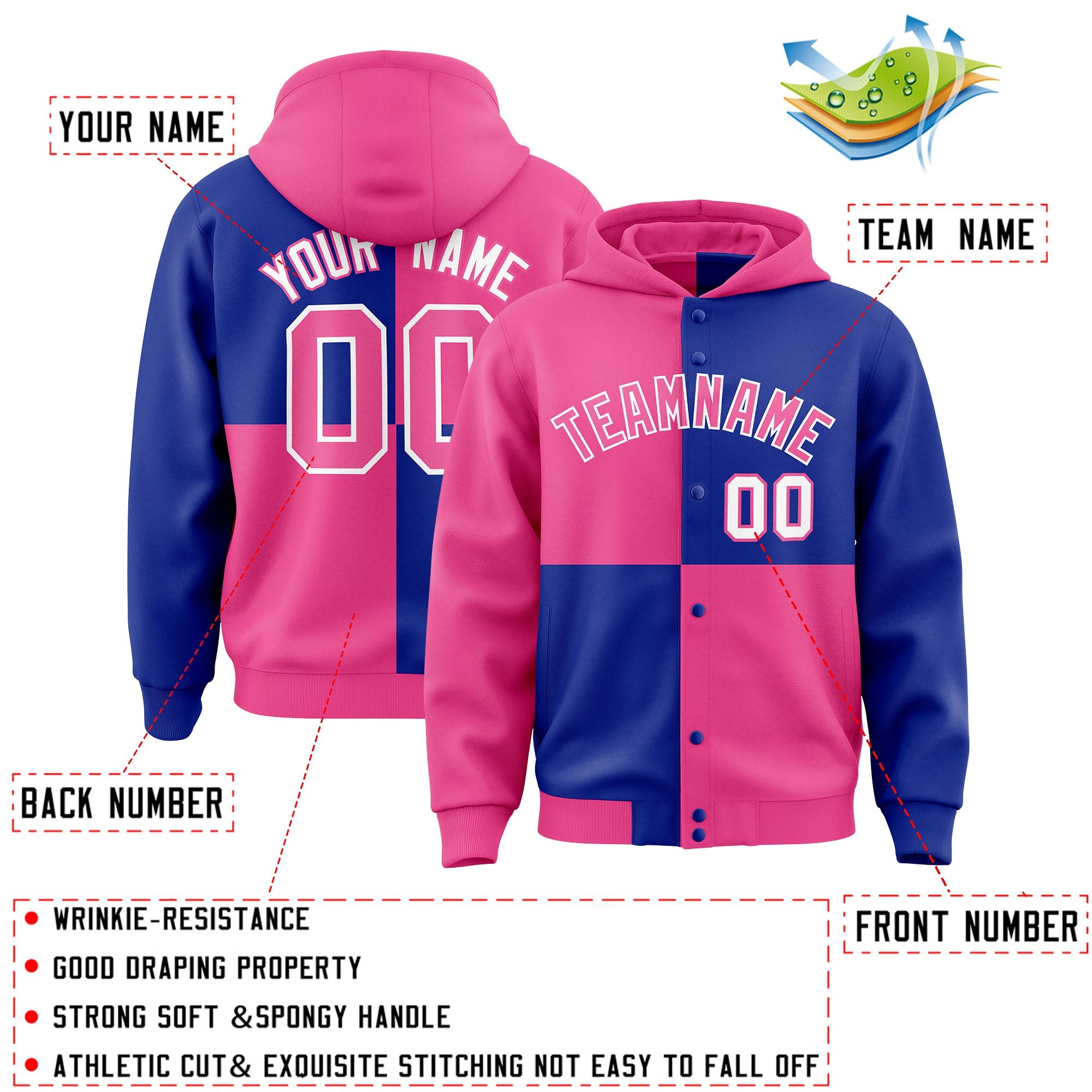 Custom Pink Royal Varsity Full-Snap Four Squares Color Block Letterman Hoodie Jacket