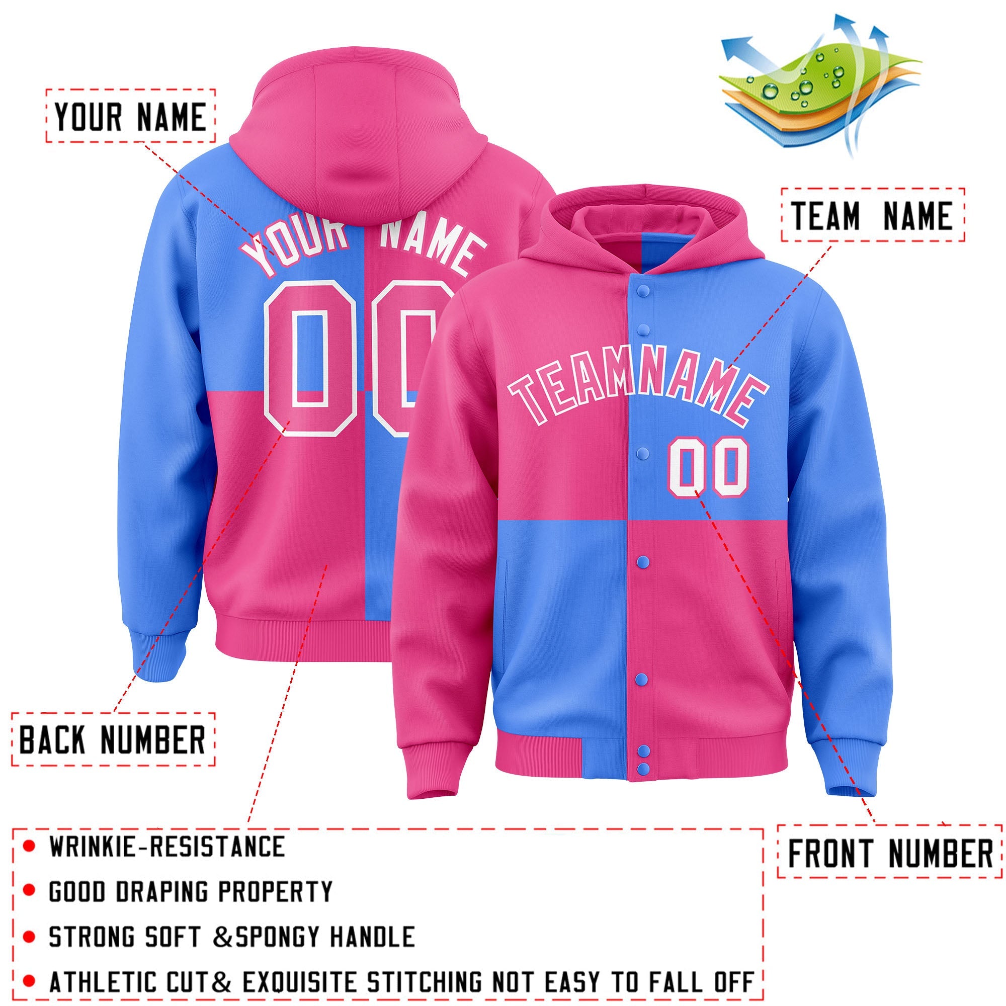 Custom Pink Powder Blue Varsity Full-Snap Four Squares Color Block Letterman Hoodie Jacket