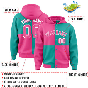 Custom Pink Aqua Varsity Full-Snap Four Squares Color Block Letterman Hoodie Jacket