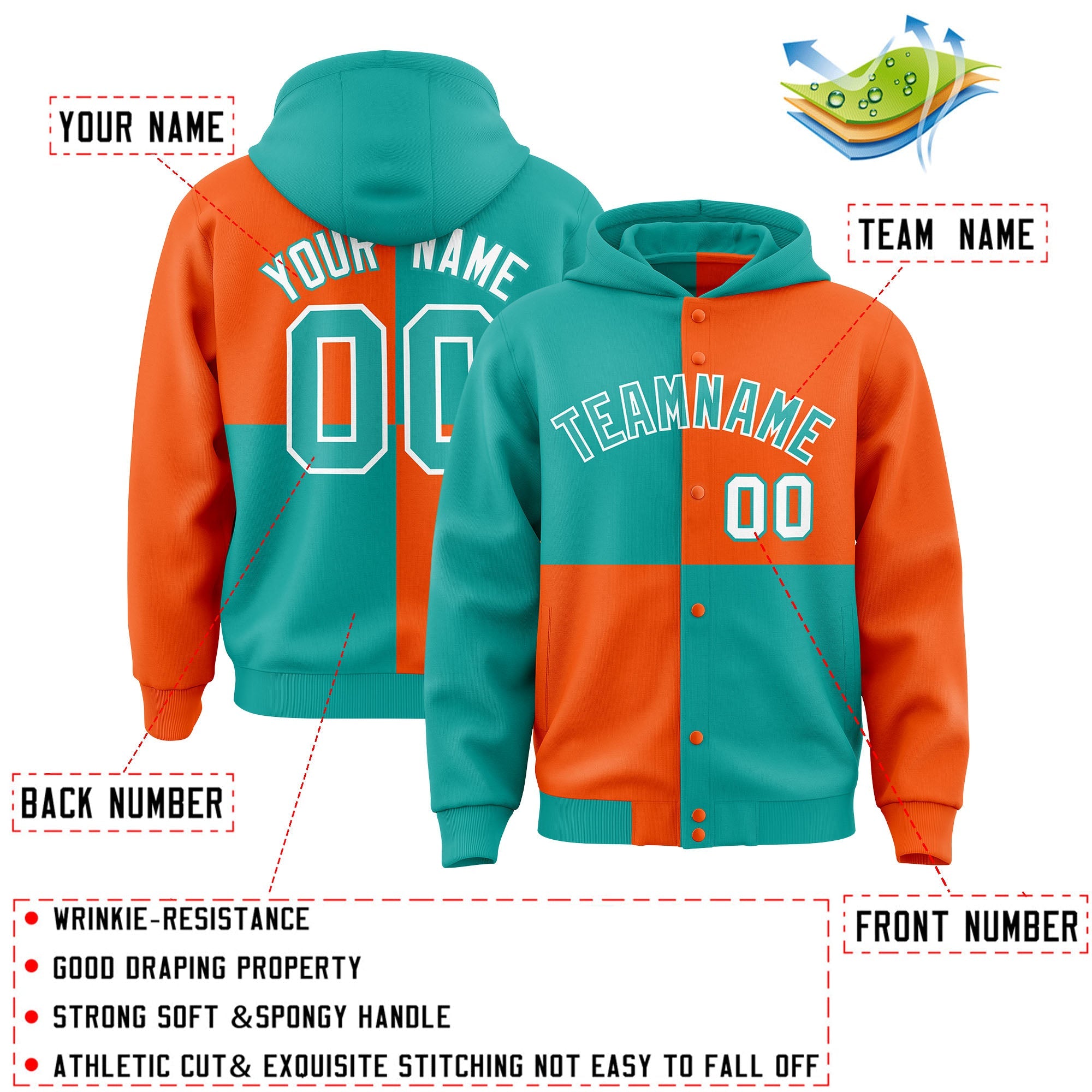 Custom Aqua Orange Varsity Full-Snap Four Squares Color Block Letterman Hoodie Jacket