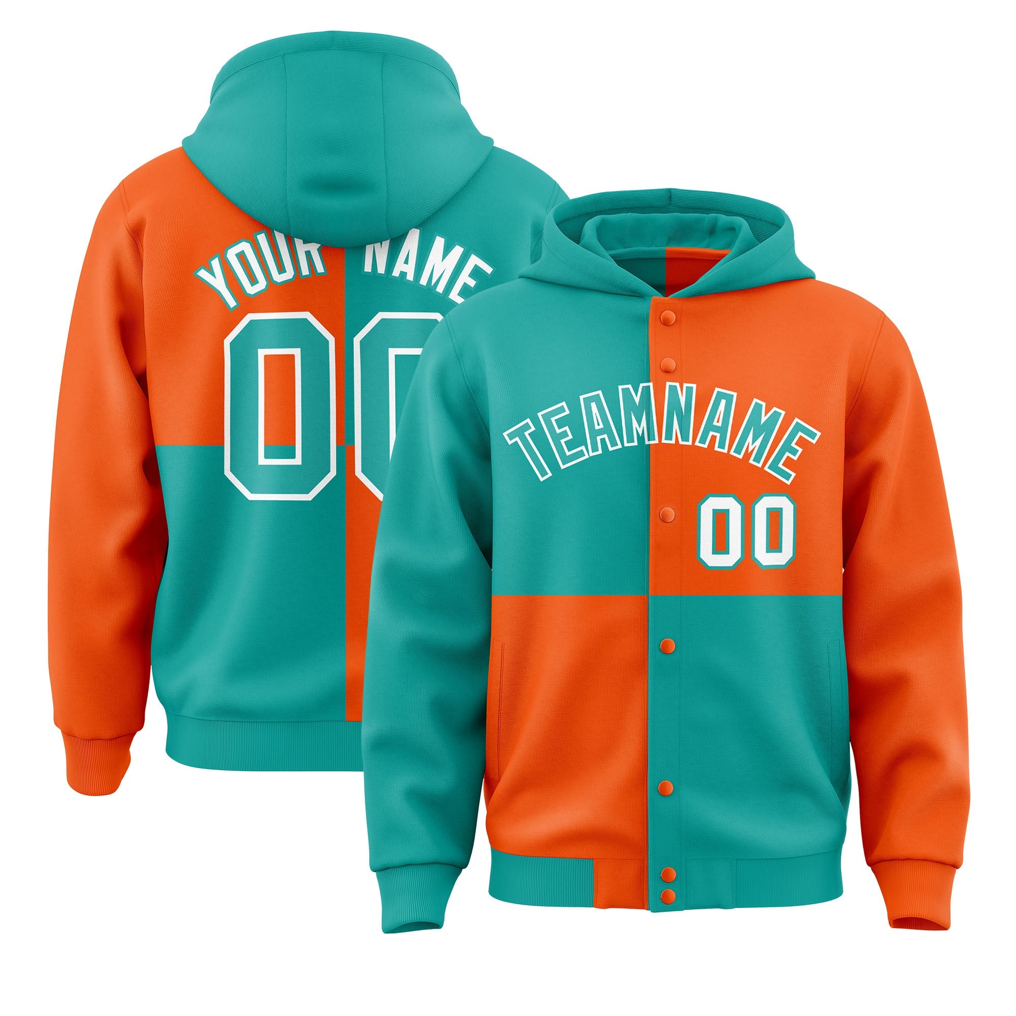 Custom Aqua Orange Varsity Full-Snap Four Squares Color Block Letterman Hoodie Jacket